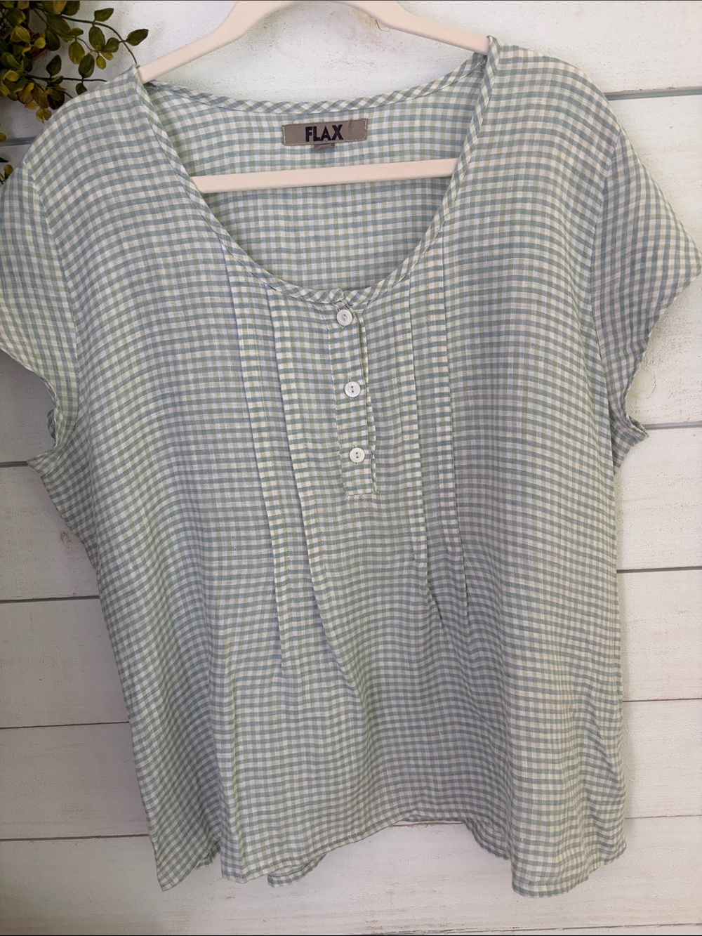 Womens FLAX 100% Linen Short Sleeve Light Green Gingham Tunic Top Size M